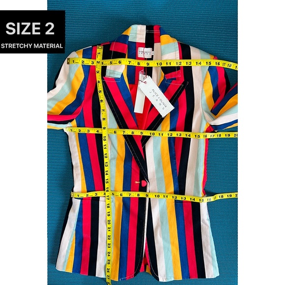 Alice + Olivia Breann Denim Boheme Striped Red Blue Multi Fitted Blazer Jacket - Picture 11 of 16
